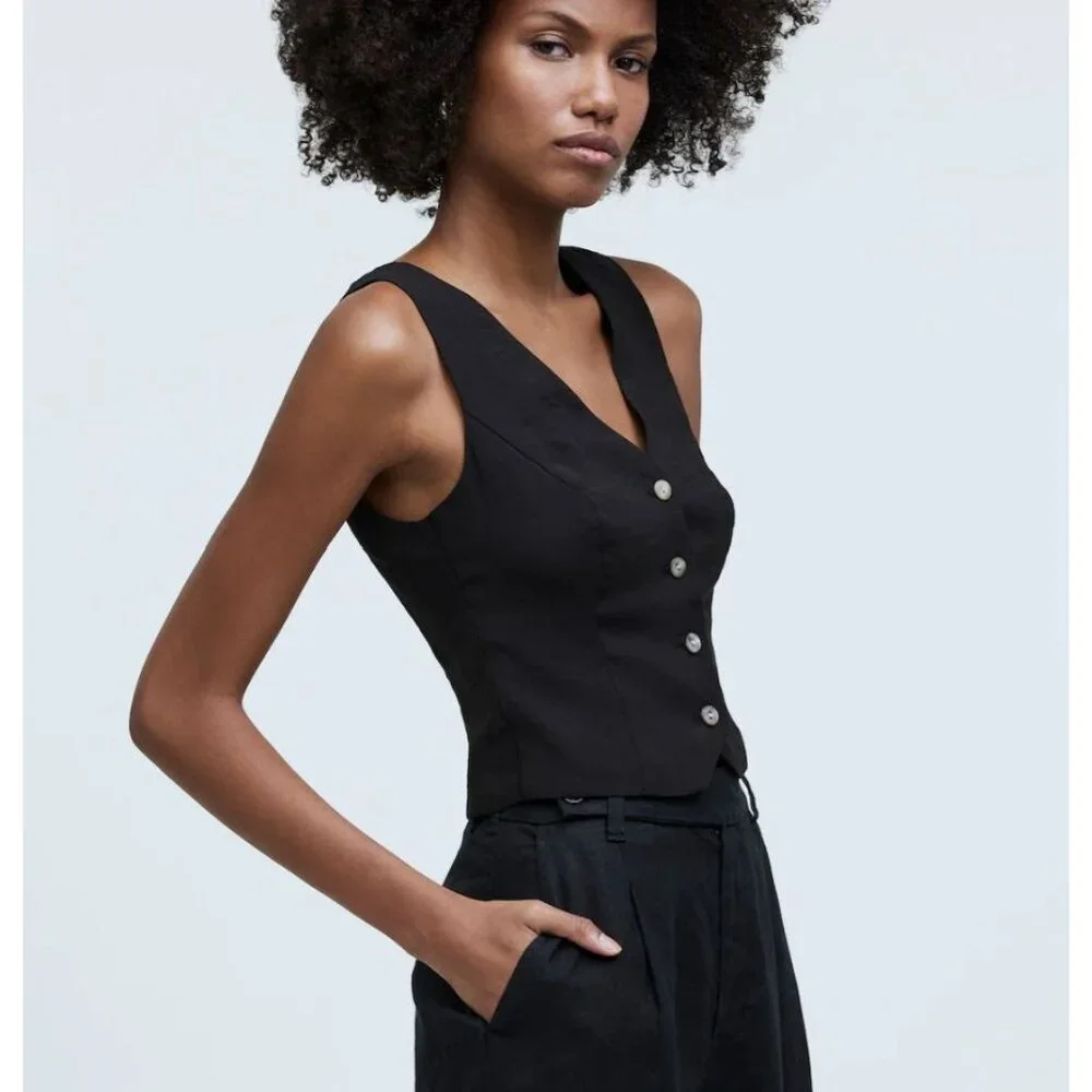 MADEWELL Katrina Crop Vest Top in Softdrape Black NWT - Picture 3 of 8